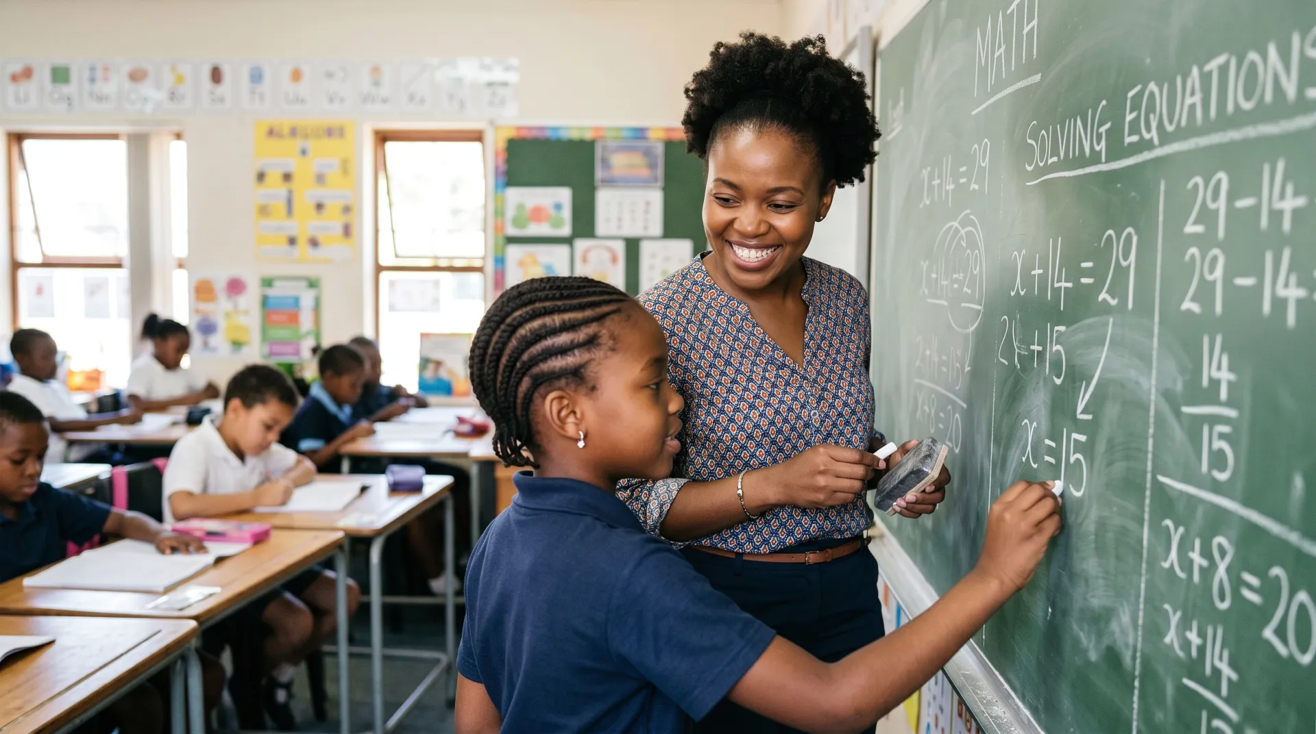 A Trellis tutor helping a student solve equations at the chalkboard